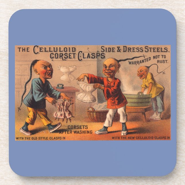 Victorian tradecard celluloid corset clasps drink coaster (Front)