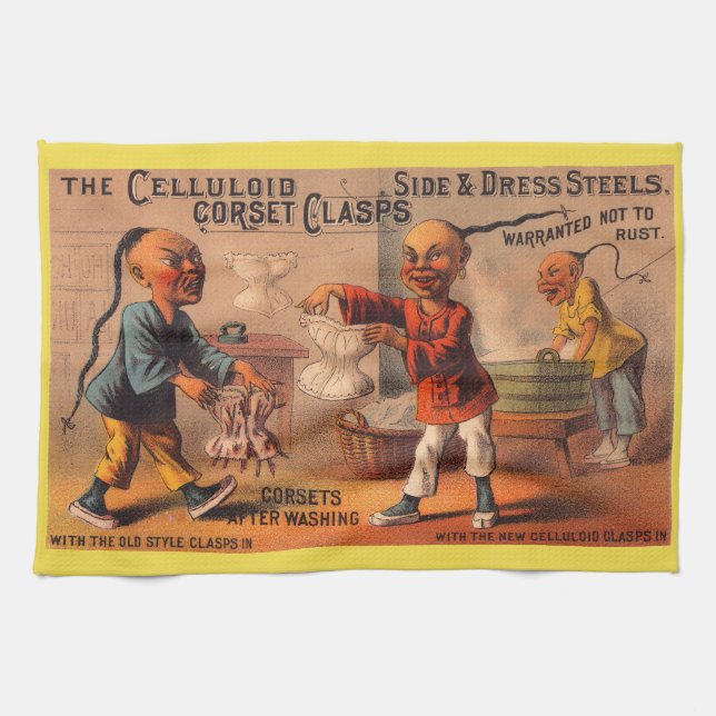 Victorian tradecard celluloid corset clasps kitchen towel (Horizontal)