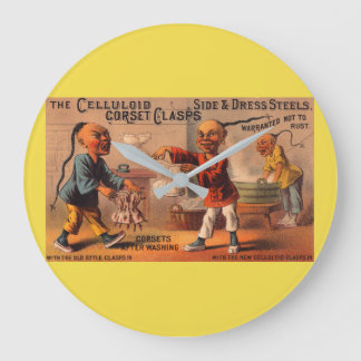 Victorian tradecard celluloid corset clasps large clock