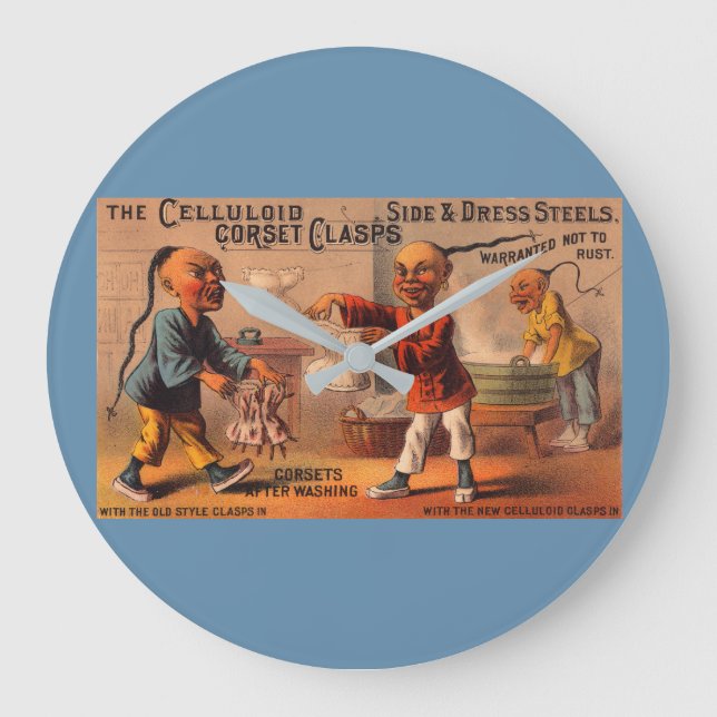 Victorian tradecard celluloid corset clasps large clock (Front)