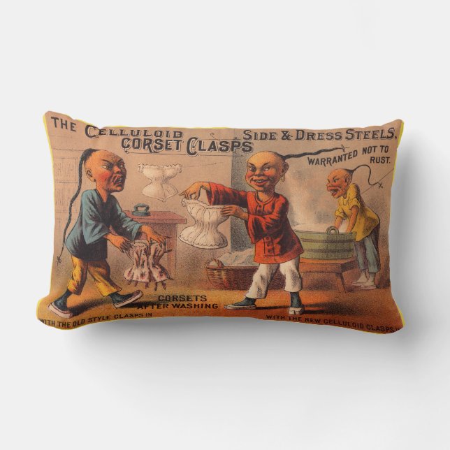 Victorian tradecard celluloid corset clasps lumbar pillow (Front)