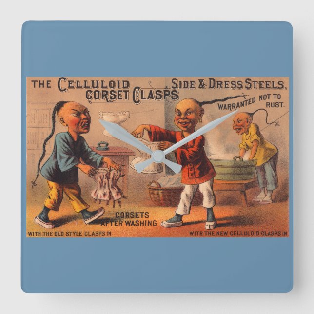 Victorian tradecard celluloid corset clasps square wall clock (Front)