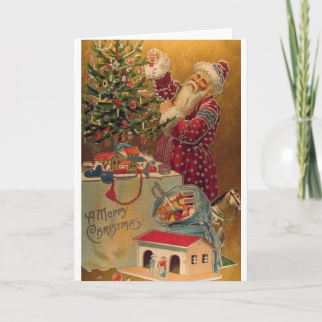 Victorian Tree Trimming Santa Christmas Card (Front)