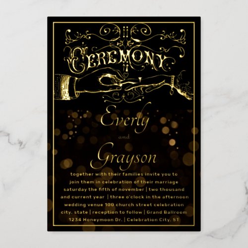 Victorian Typography Elegant Black Gold Wedding    Foil Invitation