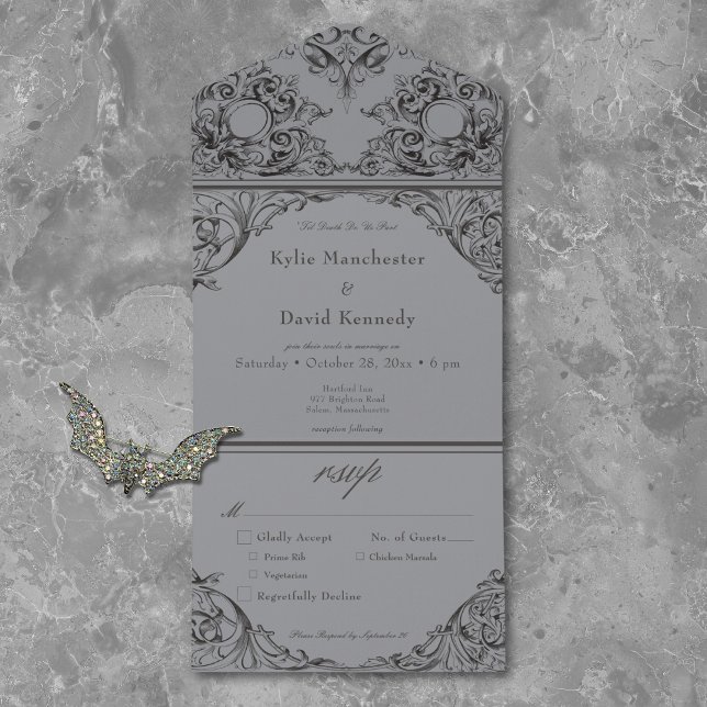 Victorian Until Death Black & Gray Wedding Dinner All In One Invitation (Creator Uploaded)