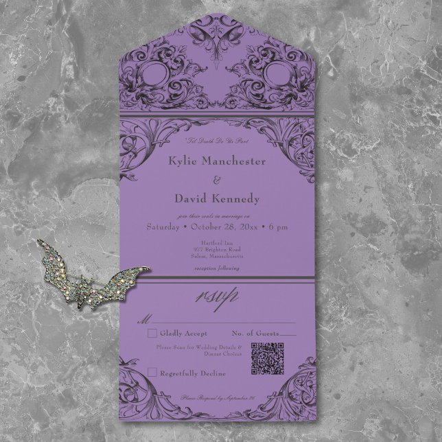 Victorian Until Death Black Purple Wedding QR Code All In One Invitation (Creator Uploaded)