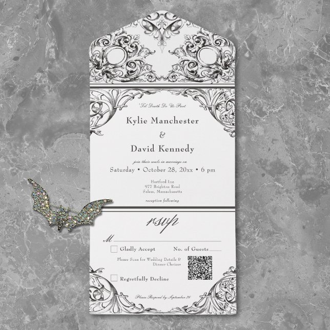 Victorian Until Death Black White Wedding QR Code All In One Invitation (Creator Uploaded)
