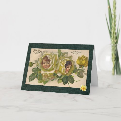 Victorian Valentine 2 Girls Yellow Roses Card