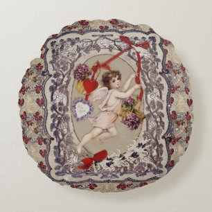 Victorian Valentine Angel Red Heart Round Pillow