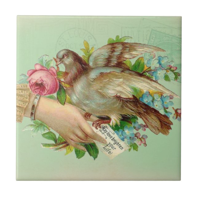 Victorian Valentine Bird and rose Ceramic Tile (Front)