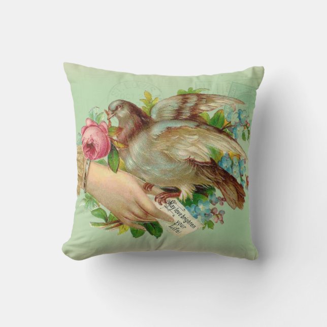 Victorian Valentine Bird and rose Throw Pillow (Front)