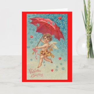 Victorian Valentine Cupid Hearts Umbrella Holiday Card