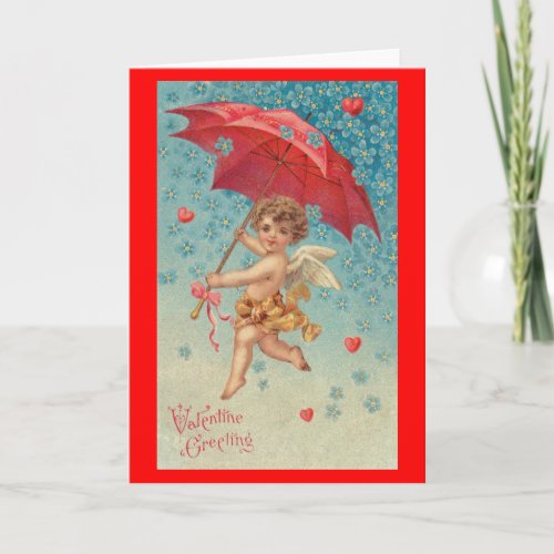 Victorian Valentine Cupid Hearts Umbrella Holiday Card