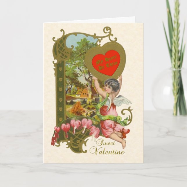 Victorian Valentine w/Cupid, Bleeding Hearts+Scene Holiday Card (Front)