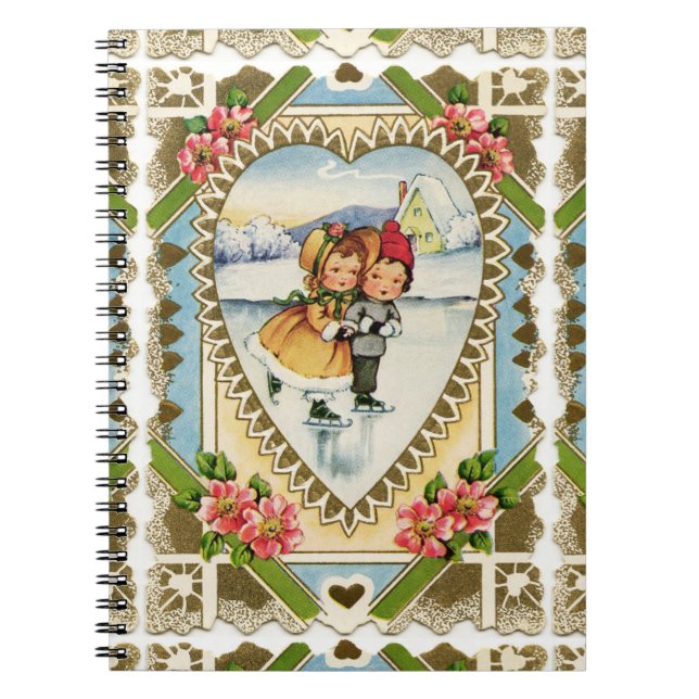 Victorian Valentine with Girl and Boy Skating Notebook (Front)
