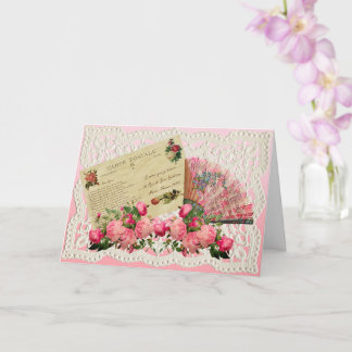 Victorian Valentine's Card - Roses And Antique Fan