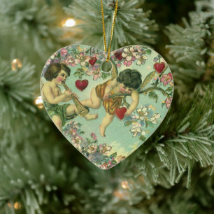 Victorian Valentines Day Cupids Vintage Heart Tree Ceramic Ornament