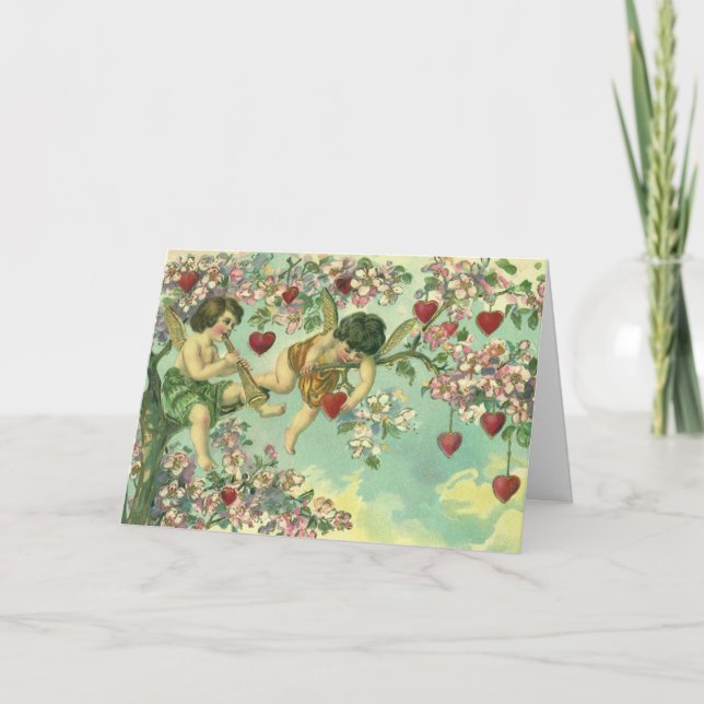 Victorian Valentines Day Cupids Vintage Heart Tree Holiday Card (Front)