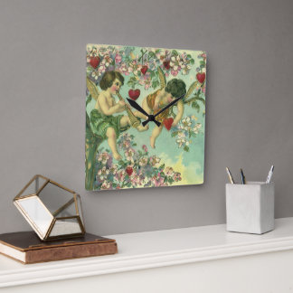 Victorian Valentines Day Cupids Vintage Heart Tree Square Wall Clock