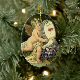 Victorian Valentines Day, Vintage Angel Love birds Ceramic Ornament