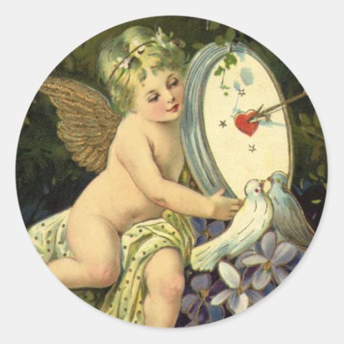 Victorian Valentines Day Vintage Angel Love birds Classic Round Sticker