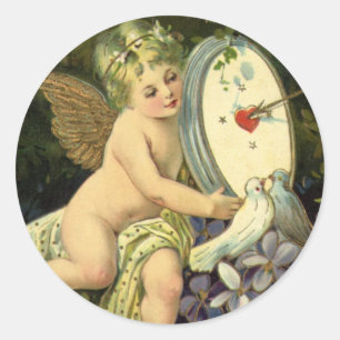 Victorian Valentines Day, Vintage Angel Love birds Classic Round Sticker