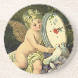 Victorian Valentines Day, Vintage Angel Love birds Drink Coaster