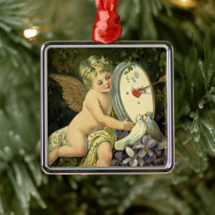 Victorian Valentines Day, Vintage Angel Love birds Metal Ornament