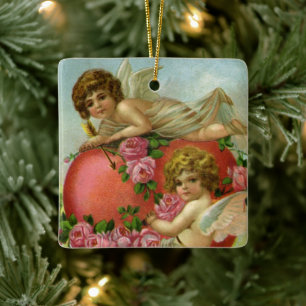 Victorian Valentines Day Vintage Angels Heart Rose Ceramic Ornament