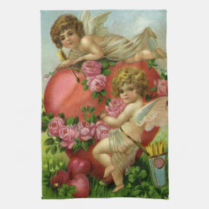 Victorian Valentines Day Vintage Angels Heart Rose Kitchen Towel
