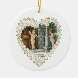 Victorian Valentine's Day, Vintage Angels w Letter Ceramic Ornament