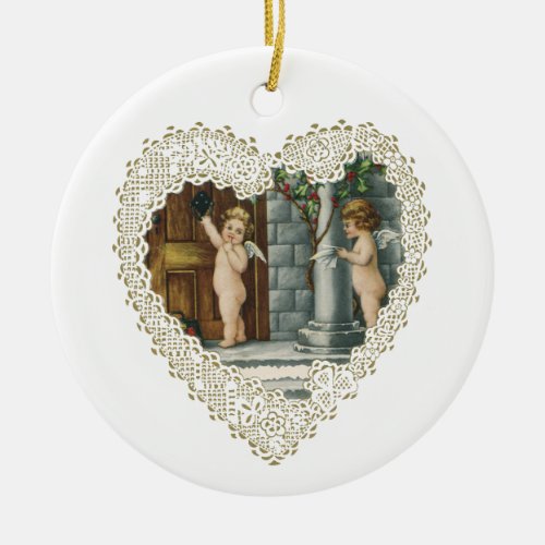 Victorian Valentines Day Vintage Angels w Letter Ceramic Ornament