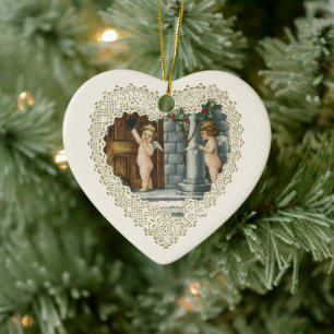 Victorian Valentine's Day, Vintage Angels w Letter Ceramic Ornament