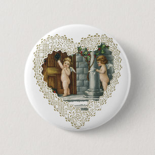 Victorian Valentine's Day, Vintage Angels w Letter Pinback Button