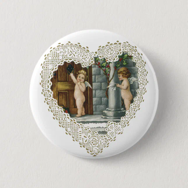 Victorian Valentine's Day, Vintage Angels w Letter Pinback Button | Zazzle