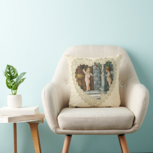 Victorian Valentine's Day, Vintage Angels w Letter Throw Pillow