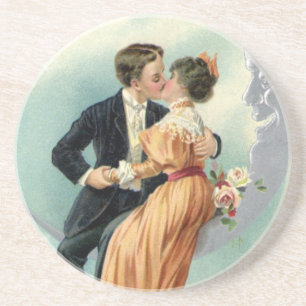 Victorian Valentine's Day Vintage Kiss on the Moon Drink Coaster
