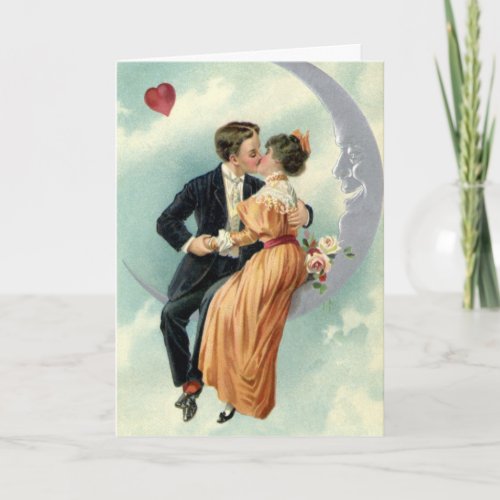 Victorian Valentines Day Vintage Kiss on the Moon Holiday Card