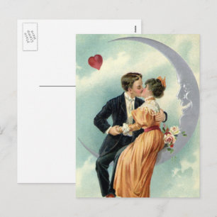 Victorian Valentine's Day Vintage Kiss on the Moon Holiday Postcard