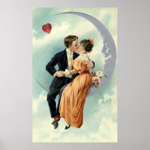 Victorian Valentines Day Vintage Kiss on the Moon Poster
