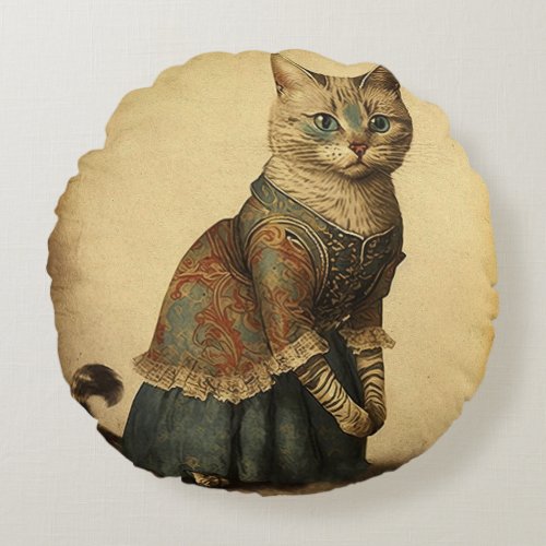 Victorian Vintage Cat Round Throw Pillow Cushion