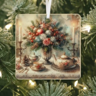 Victorian Vintage Christmas Teapot and Floral 