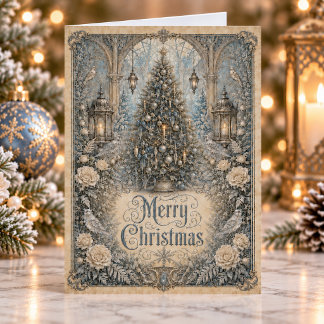 Victorian Vintage Christmas Tree Floral Holiday Card
