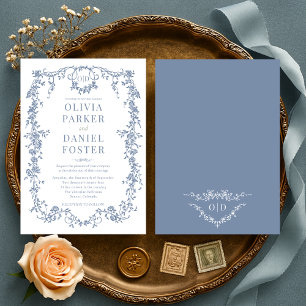 Victorian Vintage Dusty Blue Wedding Monogram Invitation
