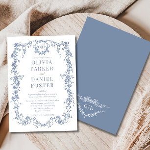 Victorian Vintage Dusty Blue Wedding Monogram Invitation