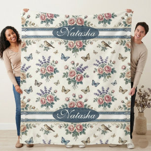 Victorian Vintage English Garden Butterfly Birds  Sherpa Blanket
