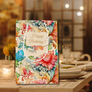 Victorian Vintage Floral Pattern Happy Birthday Medium Gift Bag