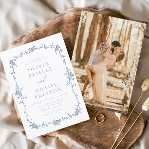 Victorian Vintage French Photo Blue Wedding Invitation