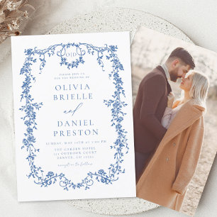 Victorian Vintage French Photo Blue Wedding Invitation