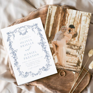 Victorian Vintage French Photo Blue Wedding Invitation